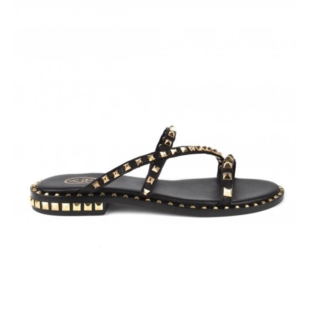 ASH Peace Bis Black Studded Leather Sandal, Black, Size 37 US 7